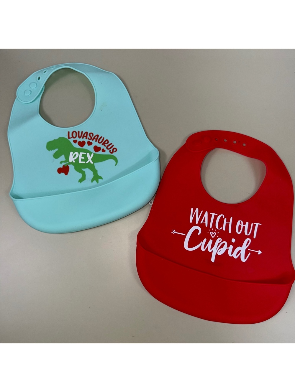 Baby Silicone Bib Lot Valentine Dinosaur Cupid 2pc